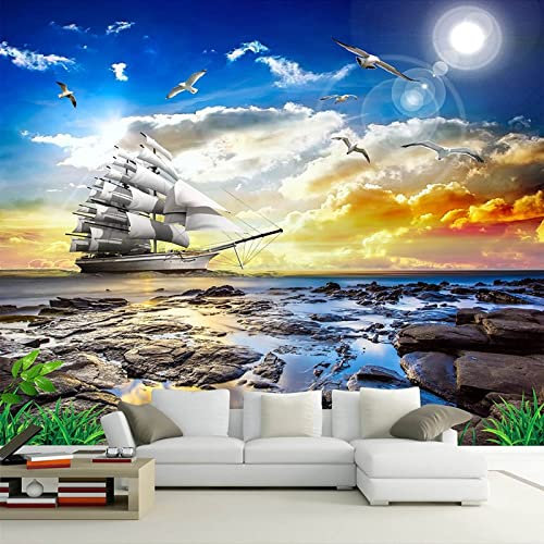 YXTSmurals Tramonto Oceano Barca A Vela Carta Da Parati Murale Effetto 3D Carta Da Parati Autoadesiva In Pvc Fotomurali 3D Carta Da Parati 3D Effetto Quadri Murali Murale Decorazione
