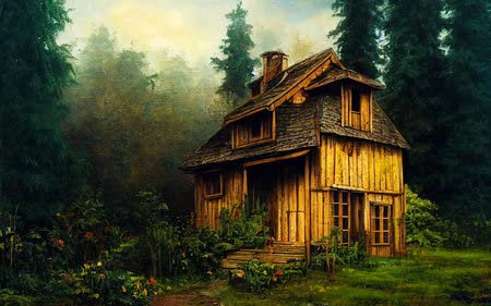 Poster-Bild 110 x 70 cm: Altes Holzhaus im Wald. gelbe Kabine.(192536126)