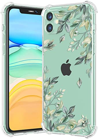 RALEAVO Kompatibel mit iPhone 11 (6.1) Handyhülle Transparent Blume Hülle Mädchen Muster Stoßfest Hülle mit Schön Motiv für iPhone 11-Blatt