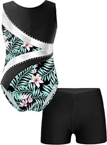 Oyolan Mädchen Turnanzug Ärmellos Balletttrikot Patchwork Gymnastik Strasss Leotards Tanzbody mit Shorts Trikotanzug Tanzkostüm Schwarz 146-152