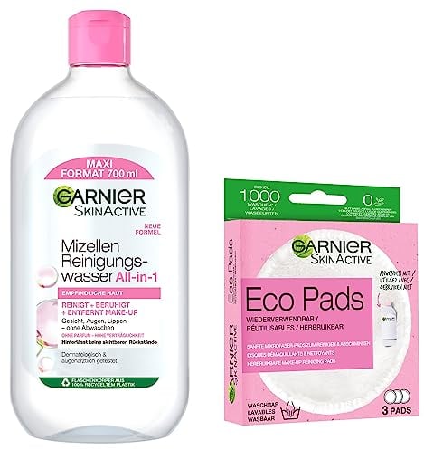 Garnier SkinActive Reinigungs-Set: Mizellenwasser 700ml + Waschbare Abschminkpads (3 Stück) | Sanfte Reinigung & schonendes Abschminken | Feuchtigkeitsspendend & Wiederverwendbar