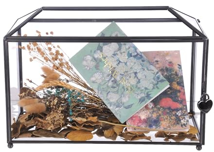 Bellaware Hochzeitskartenbox aus Glas mit Schlitz für den Empfang, transparente große Hochzeitsgeschenkbox mit Schloss, handgefertigte Hochzeits-Erinnerungsbox, geometrisches Dekor (32 x 15 x 22,9 cm,