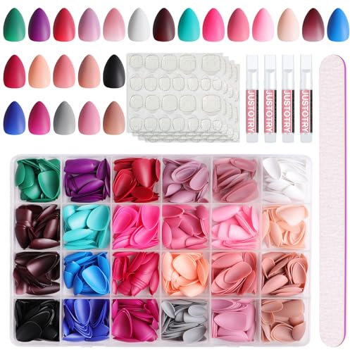 JUSTOTRY 24 Packs (720 PCS) Matte Almond Press on Nails Short,Solid Oval False Nails with Nail File,Reusable Stick on Nails Short for Women,Glossy Fake Nail French for Nail Art