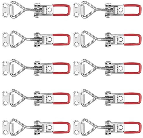 SEUNMUK 10 Pcs Sliver Toggle Latches, Adjustable Metal Toggle Clamp Latch with Red Handle Cover, Heavy Duty 4001 Tension Lock Hand Quick Release Tool for Boxes, Cabinet