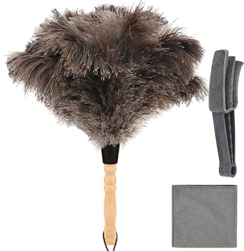 Staubwedel Straußenfeder, Antistatisch Feder Staubwischer mit Lamellenreinigungszange & Mikrofaser Putztuch, Natur Straußenfedern Staubwischer 34cm Staub putzen Reinigung Werkzeug