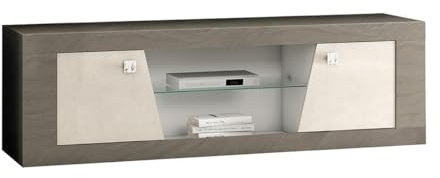 AltoBuy Gondor - Meuble TV 2 Portes Décor Bois Gris Veiné et Beige