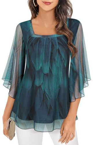 Flikity Ladies Evening Tops, Square Neck Top Chiffon Blouses 3/4 Sleeve Tops for Women Dressy Casual Tops Going Out Tops Party Top Elegant Tops Plus Size Tops Loose Fitting XL Peacock Blue