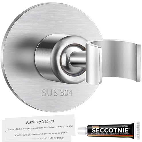 Drenky Soporte Ducha Sin Taladro, Soporte Ducha Pared con Pegamento Fuerte SUS 304 Acero Inoxidable Universal 360°Ajuste Giratorio Esférico Soporte Alcachofa Ducha Para Baño, Plata