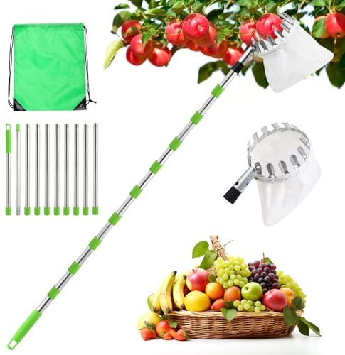 seOSTO Recoge Frutas Telescopico 4.2m, Palo Extensible Acero Inoxidable con Bolsa de Tela, Recogedor para Manzanas, Naranjas, Cítricos, Recoger Frutas de Árboles Altos