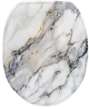 Uorisanigo White Marble Toilet Seat Lid Cover Oval Simple Gray Gold Only Toilet Lid Cover for Slow Close Fit Different Sizes of Toilet Lid Bathroom Home Indoor Decor