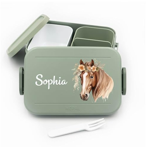 Kinder Bento Box Midi Lunchbox für Mepal Bentobox - Brotdose personalisiert Mädchen - Geschenk Pferdemädchen - 900 ml - Nordic Sage - bento lunchbox geschenk für mädchen mit pferden