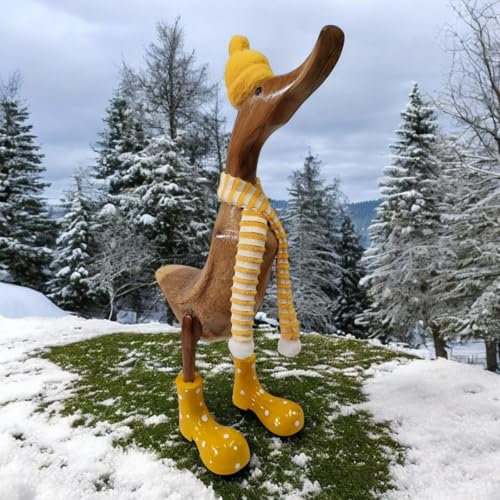 Deko Ente Holz mit Schal - Winter oder Herbst Ente aus Bambus in vielen Farben - 43cm Ente Statue mit Mütze und Schal (Gelb)