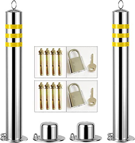 RHUDIE Safety Bollard, 2 Pack Security Posts For Driveways Concrete In Stainless Steel Parking Cones With Reflective Strips Traffic Sign Post(650x76mm/25.5x3in)