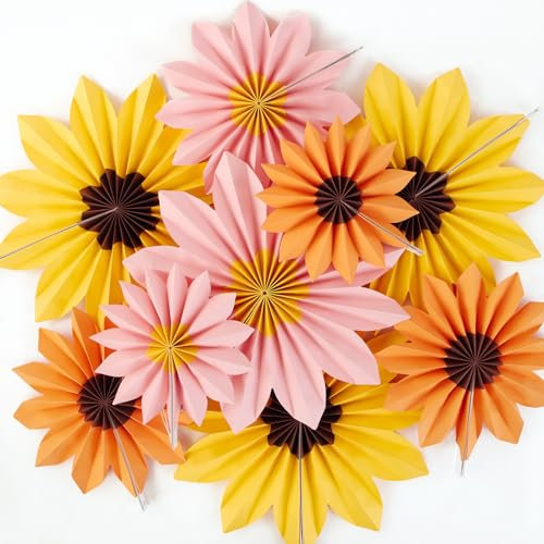Homarkable 9 Stück Sonnenblumen-Papierfächer in Rosa & Orange – Hängende Girlande für Geburtstag, Hochzeit & Abschlussfeier – Party-Deko für Tisch und Wand