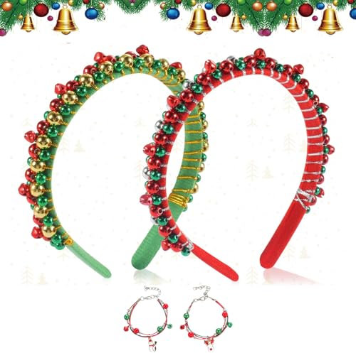 Scinzene Weihnachts Haarschmuck, 2 Stück Weihnachts Haarreif mit Glöckchen, Weihnachtshaarreifen Erwachsene, Haarschmuck Weihnachten für Kinder & Erwachsene, mit 2-teiliges Weihnachtsarmband