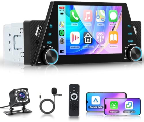 Podofo Autoradio 1din con touchscreen da 5 carplay Android auto, radio Bluetooth FM con 2 USB/Type-C, pulsanti luminosi colorati, EQ,comandi al volante,con telecamera 12 LED