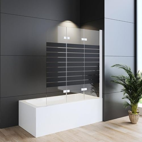 WDWRITTI Duschwand für Badewanne 140x140cm Faltbar 3-teilig, Badewannenaufsatz mit Schwarz Gestreift Duschtrennwand aus 6mm ESG Sicherheitsglas, Duschabtrennung für Badewanne in Weiß Alu