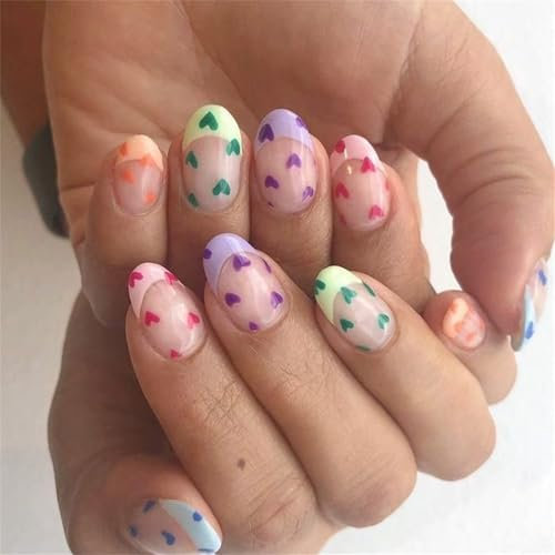 Easy To Apply Short Almond Stick On Nails With Heart Designs French Tip Press On Nails Manicure Nails Art For Women