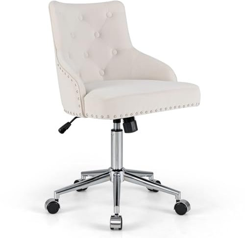 COSTWAY Velvet Office Chair, Height Adjustable Swivel Computer Desk Chair with Nailhead Trim, Ergonomic Rolling Rocking Executive Task Chairs Tufted Leisure Vanity Seat for Home Office (Beige)