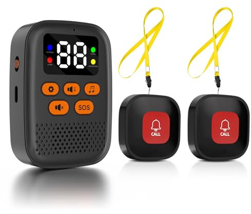Chatthen Bouton d'appel sans Fil Téléavertisseur pour Personne âgé, Malade Handicapé -Système d'alerte Personnel à Domicile -1 récepteur et 2 émetteurs SOS
