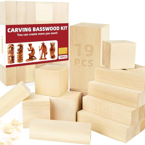 K KERNOWO Basswood Carving Blocks, 19PCS Whittling Wood Blocks with 3 Different Sizes, Unfinished Bass Wood for Carving Easy to Use, for Kids and Adults