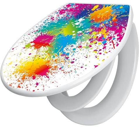 banjado Familien WC Sitz mit Absenkautomatik 44,5x37cm / Klodeckel/Klobrille mit Kindersitz aus hochwertigem Polypropylen/Toilettensitz Kindersitz integriert Motiv Farbspritzer