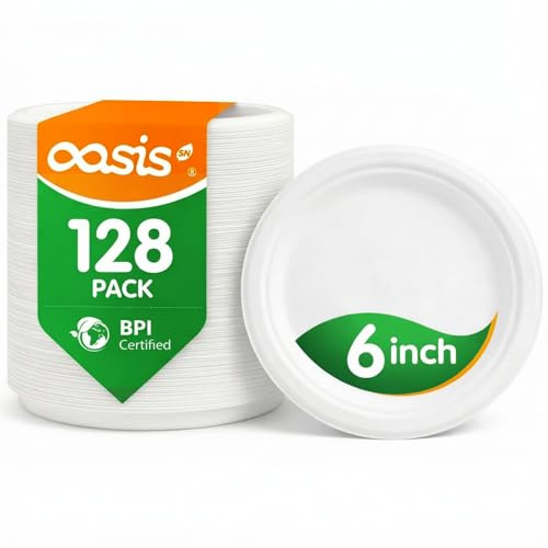 OasisSN 15.5cm (6 Inch) 128 Pack Compostable Disposable Paper Plates, Small Dessert Plates, Strong Sugarcane Bagasse, Eco Friendly Biodegradable Plates for Parties, Picnics & Snacks, White