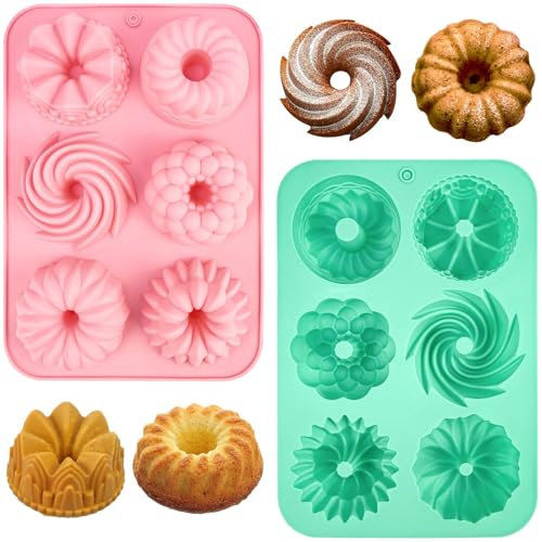FLEXNOVA 2 Stück Mini Gugelhupfform Silikon, Ø 6 cm Gugelhupf Backform Minigugelhupf Form, Reindling Form Klein Kuchen Backform Silikonform Gugelhupf für Kekse, Bagels, Muffins