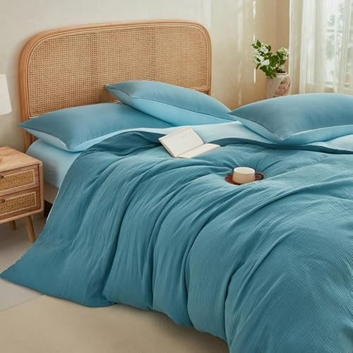 Gezu Doppelte Muslin Bettwäsche 155x220 Baumwolle Blau Hellblau Bettwäsche-Sets,ÖEKO-TEX® Zertifiziert Bettbezug 155x220cm 100% Baumwolle mit Reißverschluss mit 2 Kissenbezüge 80x80