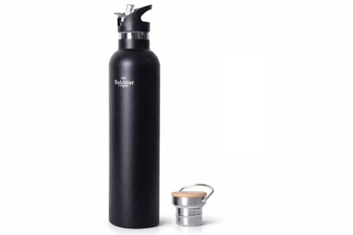 Bakhtiar®️ Doppelwandige Edelstahl Trinkflasche –Auslaufsichere Isolierflasche für Heiß- & Kaltgetränke, Kohlensäure-geeignet, inkl. Ersatzdeckel (Schwarz, 1000ml)