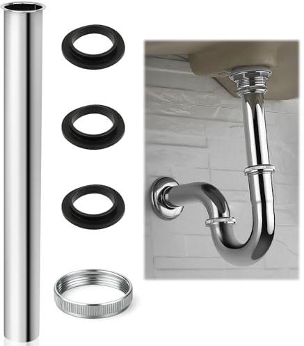Tuyau plongeur 300 mm, rallonge de siphon en acier inoxydable, tube plongeur pour lavabo avec un écrou et trois rondelles d'étanchéité en caoutchouc pour raccord d'évacuation, rallonge sous le lavabo