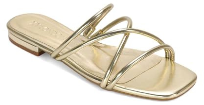 ESSEX GLAM Women's Strappy Slider Ladies Gold Synthetic Leather Flat Slip On Square Toe Summer Casual Holiday Mule Sandals Size 6