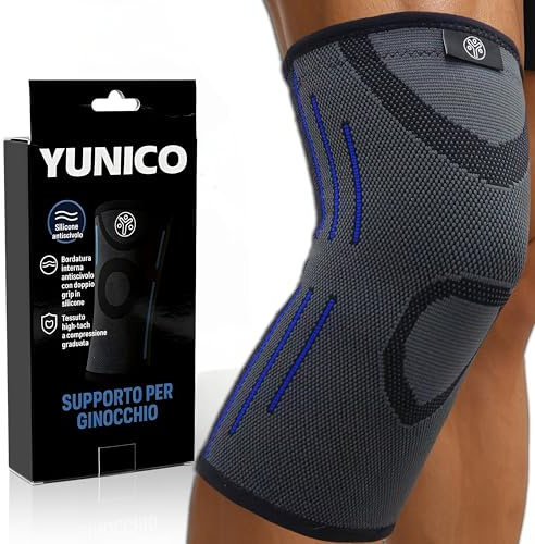 YUNICO Ginocchiera Sportiva a Compressione Uomo Donna – Elastica Antiscivolo con Doppia Fascia in Silicone, Supporto per Corsa, Running, Palestra, Fitness e Trekking