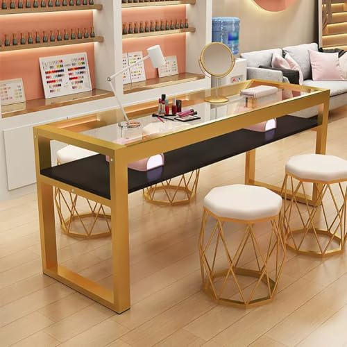 PA-DABAOO Manicure Table for Nail Tech with Glass Top,Nail Table Station with Open Shelf, Double Nail Table with Storage, Beauty Salon Workstation Decor,Reinforced Metal Frame,A