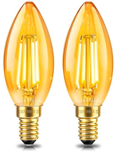 Bombilla Vintage E14 LED Vela Edison 4W Filamento (Equivalente a 40W), Ambar Luz Blanco Cálido 2200K, C35 Forma Vela, 400LM, AC 230V, No Regulable, Decoración para Hogar, Cafés, Bares, 2 Piezas
