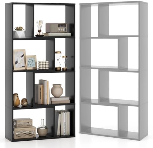 HOMASIS Bücherregal mit 8 Fächern, Standregal mit 4 Ebenen, Würfelregal Holz mit offenen Ablagen, Regal Büroregal geometrisch, Aufbewahrungsregal für Wohnzimmer Arbeitszimmer, 60x20x120cm (Schwarz)