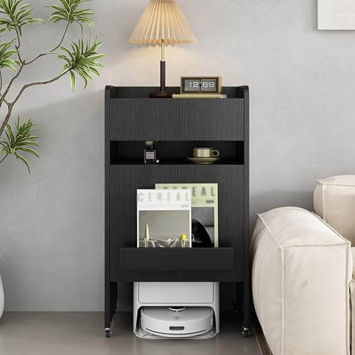 JSWHYBD Armoire de Rangement pour Robot Aspirateur avec roulettes et Tiroir, Meuble de Rangement en Bois pour Aspirateur, Table d'Appoint Mobile pour Salon, Chambre et Cuisine, 51x45x94 cm Black