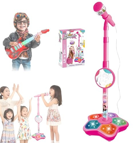 Kinder Karaoke Mikrofon Mit Lichteffekt, Aufnahme Mikrofons Für Kinder, Gesangsspielzeug Mit Verstellbarer Höhe Für Kinders, Die Auftreten, Üben, Aufnehmen, Rollenspie(Mikrofon – Rosa)