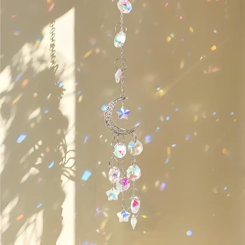 Silberner Mond Sonnenfänger mit Kristallprisma, für Fensterdeko, Kristall | Sonnenfänger Kristall für Fensterdeko – Eleganter Mond Sonnenfängers aus Messing für Haus – Büro – Glas Windspiel als
