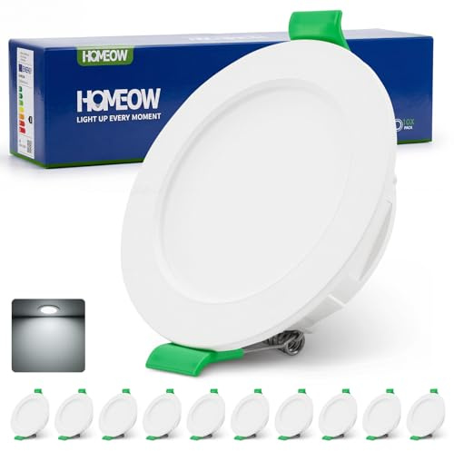 HOMEOW Focos LED Interior Techo 55mm - 68mm Corte Downlight LED Empotrable | Luz Frío 6000K 60mm Foco Empotrado 4W 380LM 220V IP44 Ojos de Buey LED para Techo Baño Cocina Diámetro 87mm, Blanco Pack 10