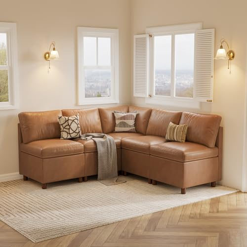 SITJOY Breakfast Nook Bench with Storage, Modular Corner Kitchen Banquette Seating, Dining Settee Couch, Upholstered Dining Bench with Back, Pet-Friendly Faux Leather in Brown, L Shaped 5 Seats