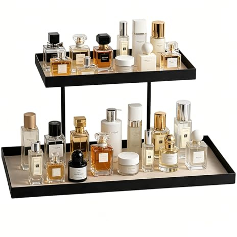 Parfüm Organizer 2-Stöckig,Moderner Parfüm Ständer aus Metall & PU-Leder,Montagefreies Vielseitiger Parfüm Regal für Schminktisch, Badezimmer Aufbewahrung & Kosmetik Organizer für Parfum Skincare