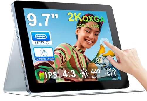 Thinlerain 9.7 Inch 2K Portable Monitor Touchscreen, 2048x1536 IPS Display with 10-Point Touch, HDMI & Dual USB-C, CNC Aluminum Body, Built-in Speaker, Protective Case for PC/Phone/Travel/Home Office