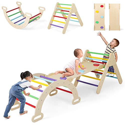 Olakids Climbing Frame Set 7 in 1 Climbing Toys for Toddlers 1-3 Indoor Kids Activity Playground with Slide Ramp Arch Rocker Ladder Inside Foldable Wooden Montessori Jungle Gym (Colourful)