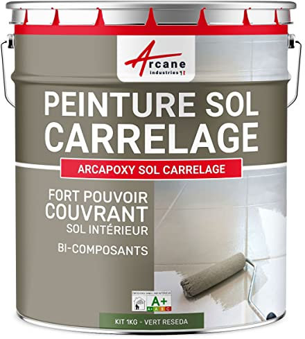 Peinture carrelage, sol, résine, pour recouvrir, faïence et carreaux : Arcapoxy sol carrelage - 1 kg (jusqu'à 5 m² en 2 couches) Vert Réséda - RAL 6011 - ARCANE INDUSTRIES