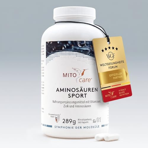 MITOcare Aminosäuren Sport - Aminosäuren Komplex hochdosiert - L-Glutamin, L-Theanin, L-Arginin & L-Leucin - Für Sport & Bewegung - Monatspackung mit 360 Kapseln - Produziert in Deutschland
