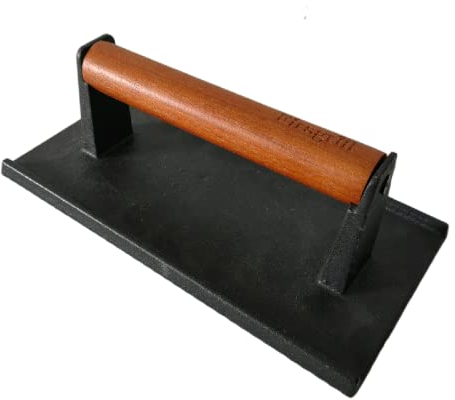 Firsgrill 8.3×4.3 Heavy-Duty Cast Iron Grill Burger Press and Meat Steak with Wood Handle for Blackstone Camp Chef Pitboss Weber Griddle Grills (Rectangle)