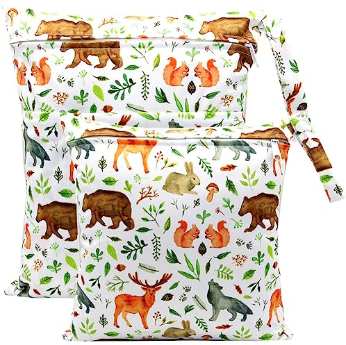 FenFang Wetbag Kindergarten, 2 Stück Nasstaschen Windeltasche Stoffwindeln Nassbeutel Organiser Beutel Wickeltasche Taschen Wasserdicht Wiederverwendbar (Weißes Tier)