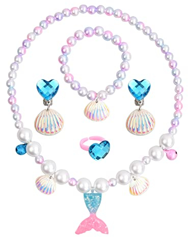 Xzeemo 5 Stk Meerjungfrau Schmuck Set für Mädchen, Meerjungfrau Kinderschmuck Halskette, Ringe, Armbänder, Ohrring, Bunte Perlen Schmuck Prinzessin Geschenke für Kleine Mädchen 2 3 4 5 Jahre (B)