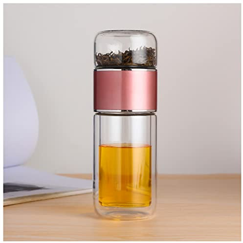 KEYVOR Verre d'eau Double Bouteille d'eau en Verre borosilicate de 230ml avec étui de thé et manches d'étanches portables, Résistant à la fuite et à la température -20°C-120°C, Rouge, Rose Red